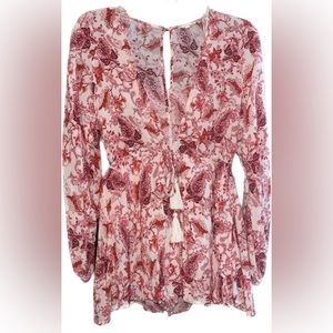 Deep V Paisley Romper with Tassel Ties